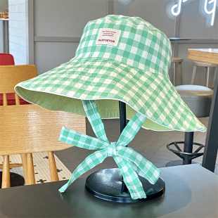 大檐双面戴防晒帽女春夏季 格纹百搭休闲渔夫帽户外出游度假遮阳帽