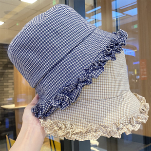 显脸小盆帽户外出游防晒遮阳帽 时尚 韩版 花边格纹渔夫帽子女春秋季