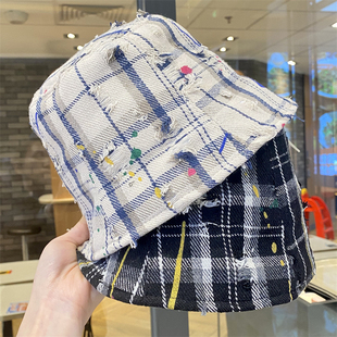 日系格纹破洞百搭水桶帽女春秋新款 显脸小渔夫帽户外防晒遮阳盆帽