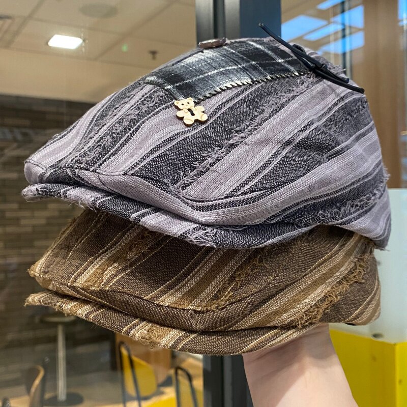复古贴布拼接条纹前进帽女春夏季