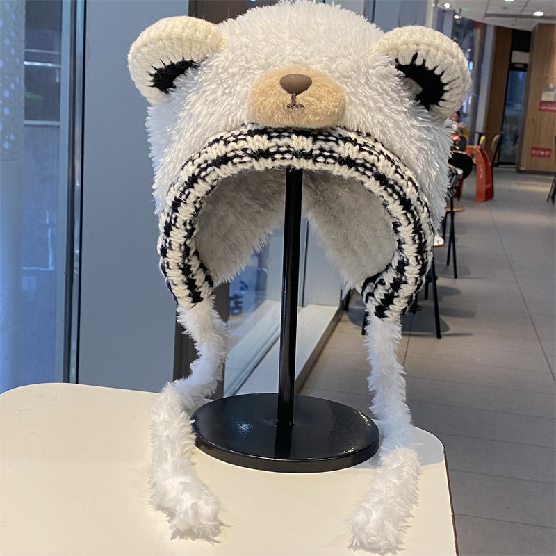 卡通小熊耳朵绑带针织帽女秋冬季