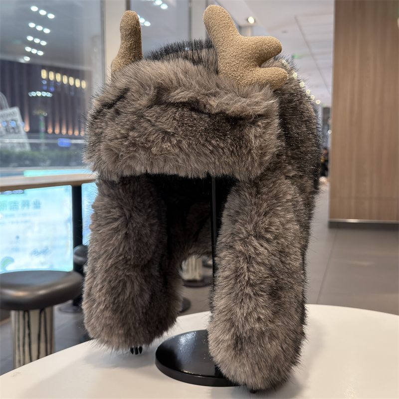 可爱鹿角毛绒雷锋帽男女冬季加厚保暖护耳帽东北防风防寒骑车帽子