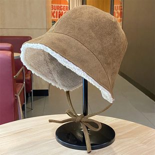 复古麂绒皮渔夫帽男女秋冬季羊羔毛系带护耳水桶帽百搭保暖盆帽子