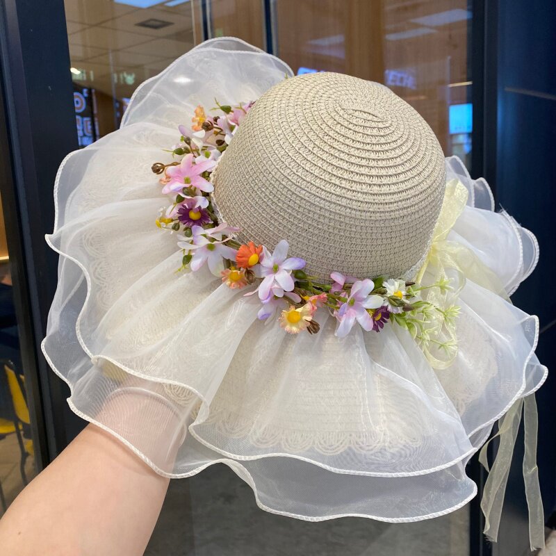 小清新田园风花朵草帽女夏季网纱