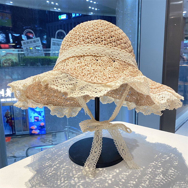 2024女夏季蝴蝶结草编大檐防晒帽