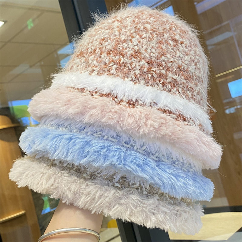 拼色毛绒渔夫帽子女秋冬保暖显脸小针织帽休闲百搭防寒盆帽水桶帽