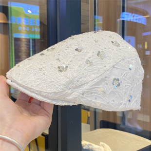 百搭显脸小鸭舌帽反戴画家贝雷帽 网纱亮片前进帽女时尚 春夏季 新款