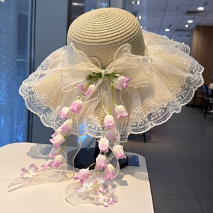 田园风蕾丝花边草帽女款夏季海边度假风沙滩帽户外防晒大檐遮阳帽