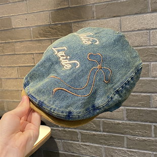 韩版复古水洗牛仔蝴蝶结字母贝雷帽女春夏款时尚百搭显脸小前进帽
