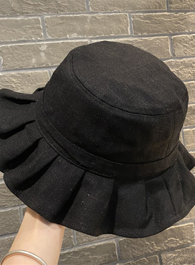韩版百褶荷叶边遮阳防晒渔夫帽女春秋户外出游亚麻透气显脸小盆帽