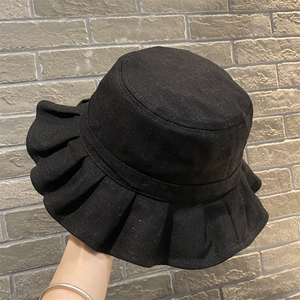 韩版百褶荷叶边遮阳防晒渔夫帽女春秋户外出游亚麻透气显脸小盆帽