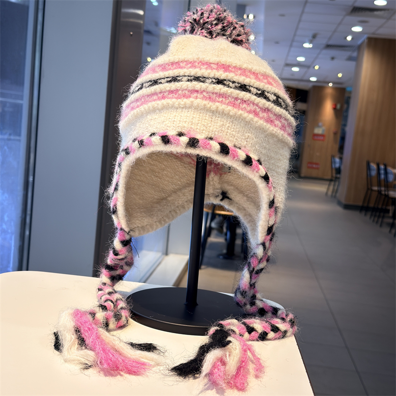 费尔岛流苏毛球针织帽子女秋冬季