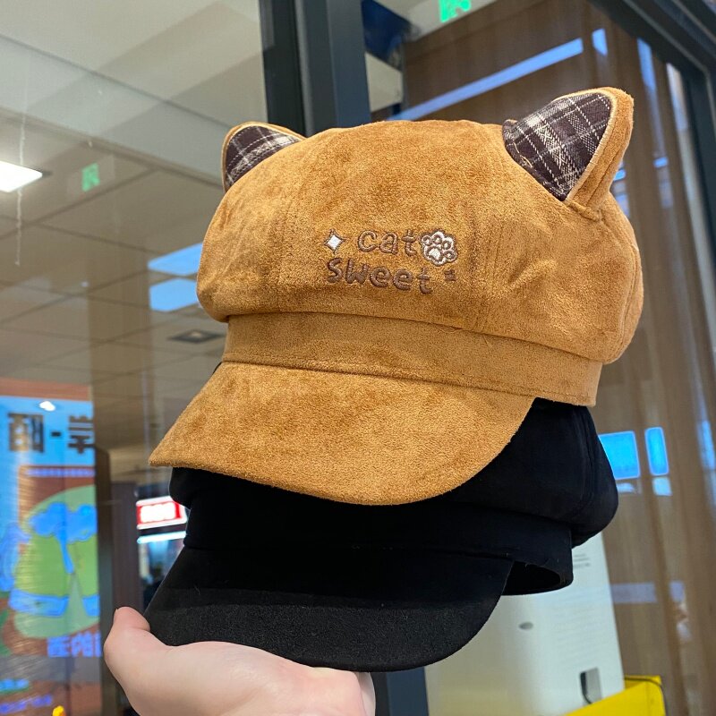 可爱猫耳朵格纹八角帽子女秋冬季