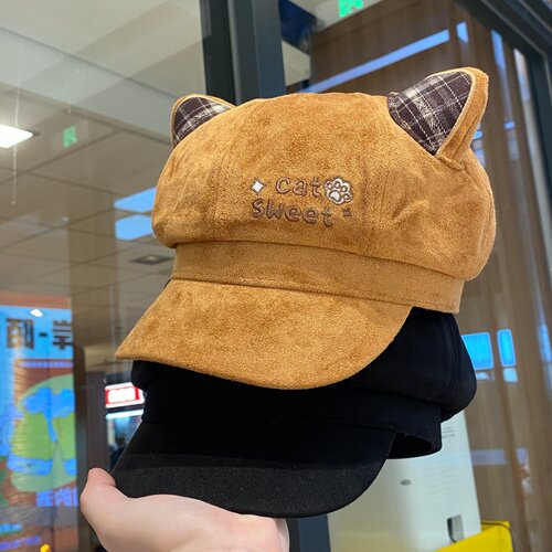 可爱猫耳朵格纹八角帽子女秋冬季