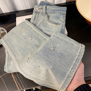 实拍气质星星烫钻bling浅蓝牛仔裤女高腰修身弹力显瘦微喇长裤子
