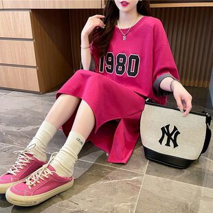 纯棉抖音质量/环定纺纯棉/后包领长款过膝刺绣短袖T恤女长裙