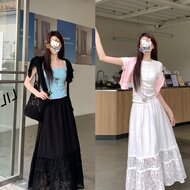 实拍~ 大码胖MM2026春夏新款蕾丝拼接大摆松紧腰半身长裙~