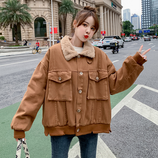 实拍加绒加厚工装外套女短款2025冬装新款宽松显瘦复古bf港风棉衣
