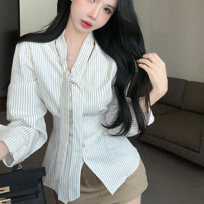 韩国东大门新品 条纹挂脖v领飘带绒面衬衣气质甜美收腰ne