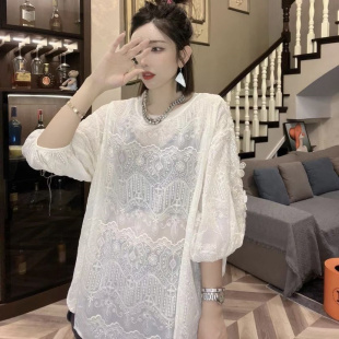 300斤加大码 女装 宽松薄款 别致钉珠钩花设计夏季 上衣T恤 时尚 胖MM2