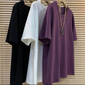 夏季 上衣女潮 百搭半袖 300斤大码 休闲遮肉重工烫钻圆领T恤胖MM时尚