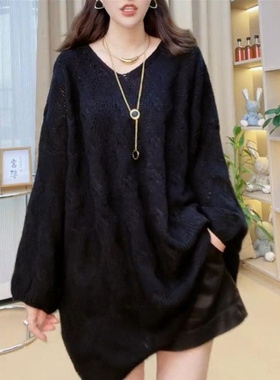 胖MM2-300斤特大码宽松中长款简约慵懒风V领针织毛衣衫女上衣秋冬