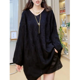 简约慵懒风V领针织毛衣衫 宽松中长款 女上衣秋冬 300斤特大码 胖MM2