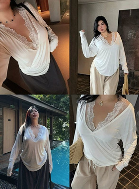 胖mm2-300斤大码显瘦纯色时髦洋气春秋款长袖拼接蕾丝设计女上衣