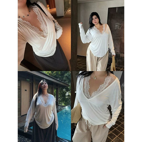 大码显瘦长袖拼接蕾丝设计女上衣