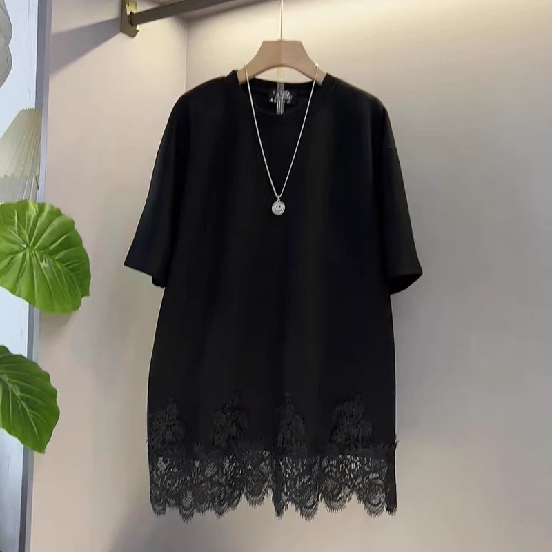 夏款中长款遮肉时尚纯色T恤女装加大码胖MM蕾丝边拼接300斤短袖衫