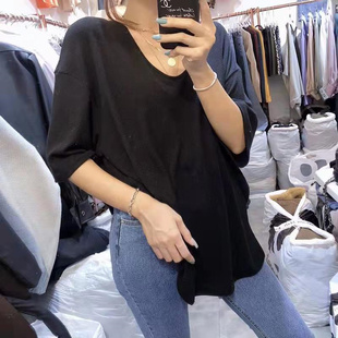 纯色半袖 胖MM2 开叉V领t恤女中长款 短袖 遮肚上衣ins潮 300斤超大码