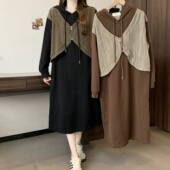 300斤设计感显瘦遮肚子长袖 胖MM秋冬新款 假两件卫衣裙女大码 裙子