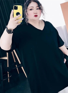 胖mm2-300斤超大码洋气宽松遮肚显瘦中长款开叉短袖T恤百搭上衣潮