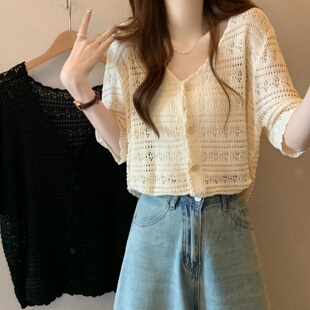 胖MM冰丝镂空针织开衫女短袖薄款防晒罩衫V领外搭上衣300斤特大码