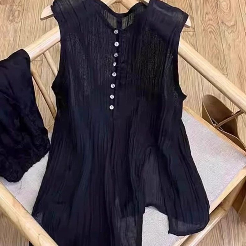 胖MM不规则褶皱无袖上衣大码女装300斤夏天下摆开叉纯色罩衫背心