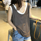 t恤女上衣潮 新款 夏季 假两件撞色背心外穿宽松百搭无袖 300斤超大码