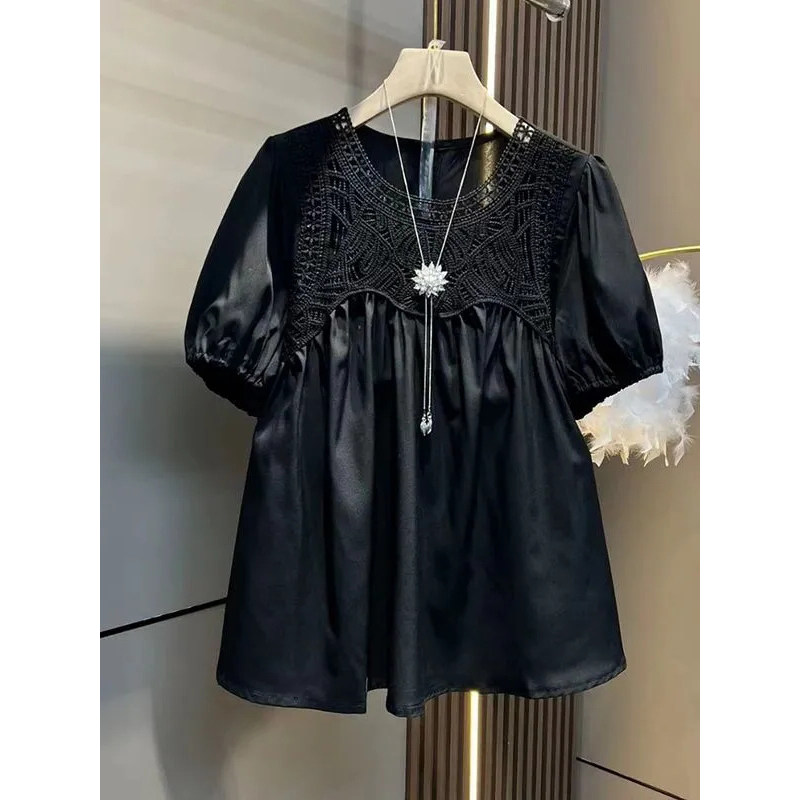 加大码胖MM300斤夏季新款时尚气质蕾丝拼接短袖中长款遮肚T恤衫女