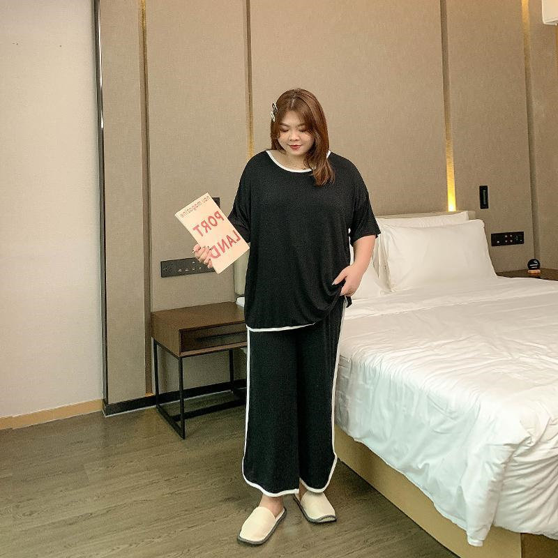 2-300 CATTIES 여성용 반팔 긴 바지 잠옷 여름 새로운 느슨한 대형 사이즈 간단한 반바지는 홈 슈트 외부에서 착용 가능