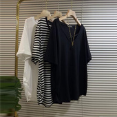 百搭V领短袖 夏装 休闲宽松中长款 胖MM300斤大码 遮肚打底上衣女 新款