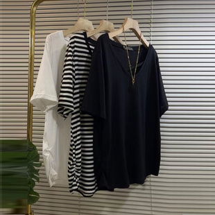 百搭V领短袖 夏装 休闲宽松中长款 胖MM300斤大码 遮肚打底上衣女 新款