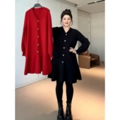 胖MM秋冬款 大码 300斤V领纽扣拼接针织连衣裙百搭叠穿内搭A字裙女