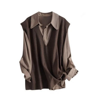 女装 胖MM秋冬复古港风POLO领衬衫 V领针织马甲上衣两件套300斤大码