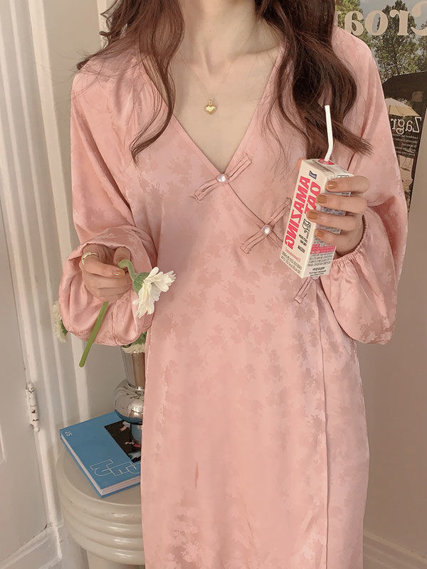 韩系V领长袖夏季长裙女装家居服