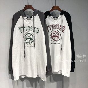 春秋装 300斤大码 V领宽松撞色拼接中长款 连帽遮肚T恤女ins潮 胖mm2