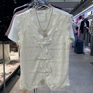 上衣 遮肉显瘦外穿时髦无袖 新中式 盘扣拼接V领蕾丝背心300斤加大码