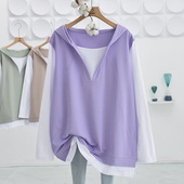 休闲长袖 宽松遮肉假两件连帽拼接中长款 卫衣女ins潮 300斤特大码