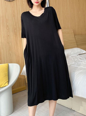 夏季新款胖MM2-300斤大码纯色V领连衣裙宽松遮肚中长款短袖上衣女