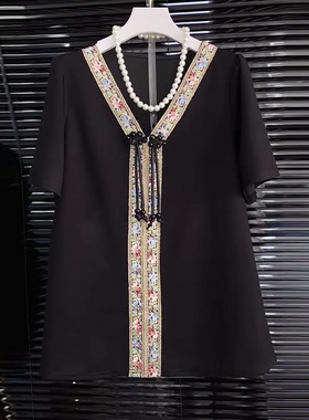 夏季新款新中式设计感小众别致胖MM2-300斤加大码短袖拼色女上衣