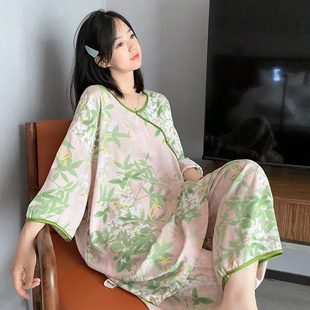 七分裤 薄款 短袖 家居服女装 国风优雅花卉睡衣套装 300斤加大码 夏季