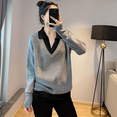 厚款假两件拼接长袖套头针织衫